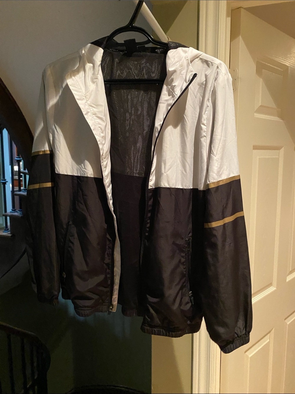 Men's White and Black Lightweight Hooded Windbreaker Jacket
